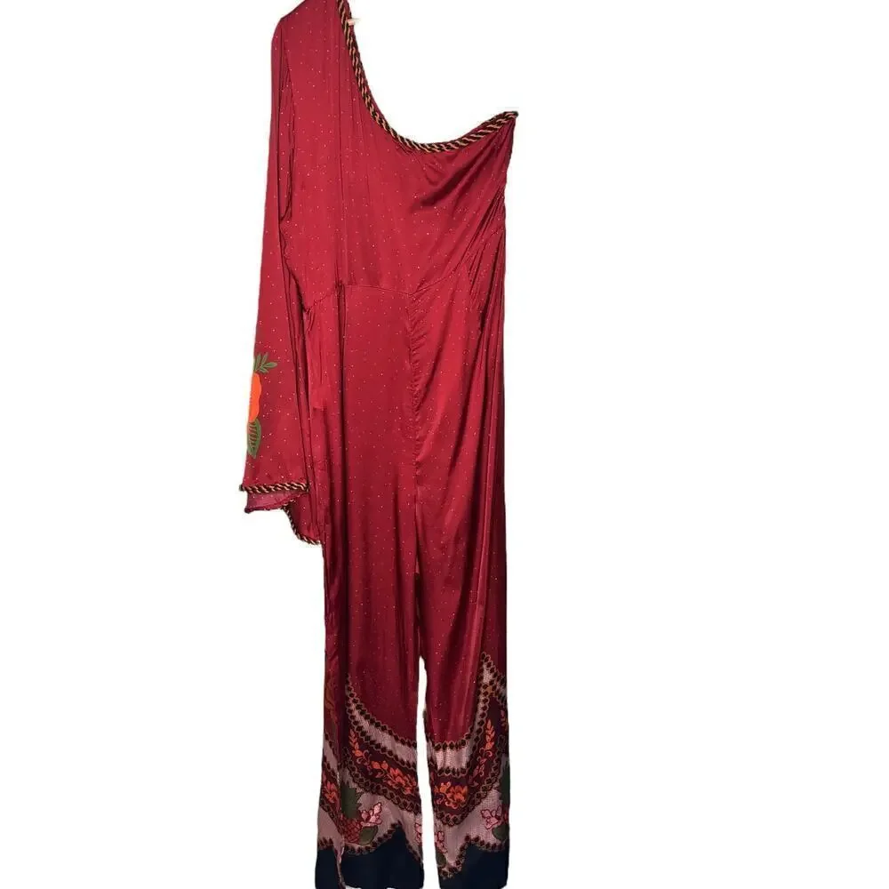 New Women’s Farm Rio x Anthropologie One Shoulder Satin Jumpsuit Size XL